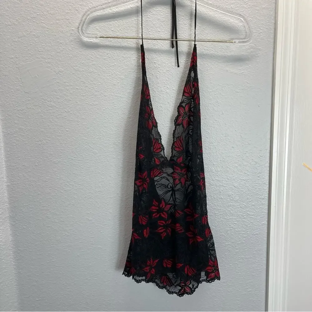 Vintage Fredericks Of Hollywood Satin Pajama‎ Set Red Black Lace 3 Pc Sleepwear